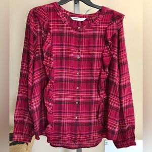 Sonoma Women’s tops size XL Pink Plaid Long Sleeves Button Down RUFLFLED 111